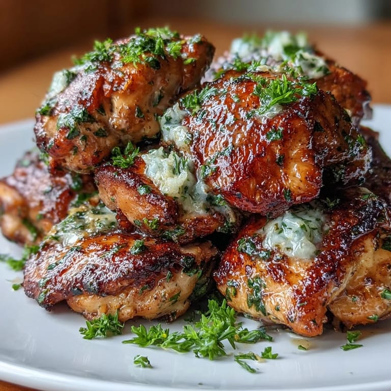 Tender chicken bites coated in zesty cowboy butter sauce, garnished with fresh parsley and lemon.