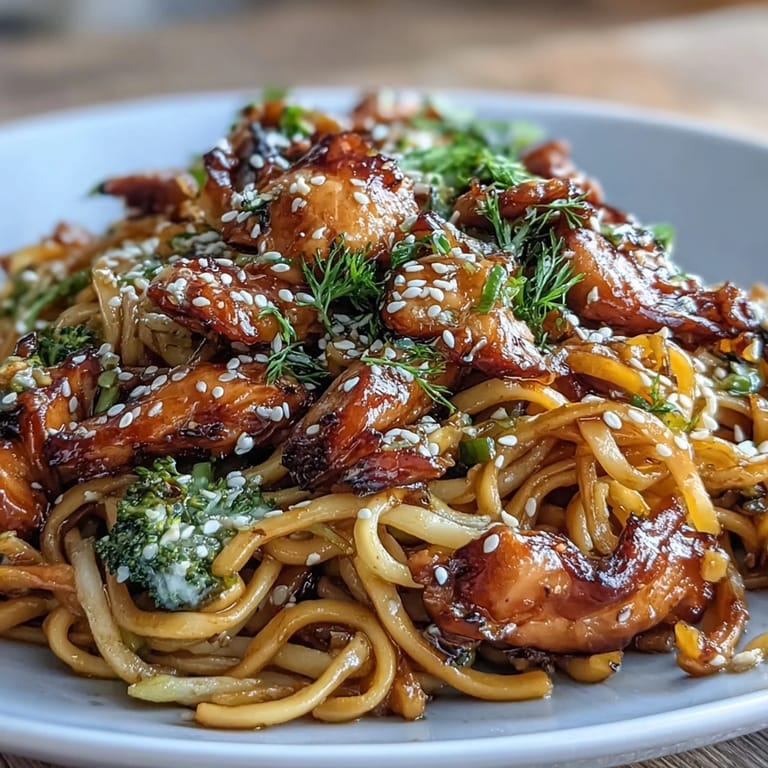 A savory stir-fry of egg noodles tossed with juicy chicken, broccoli, and bell peppers in a rich sticky garlic sauce, perfect for a quick dinner.
