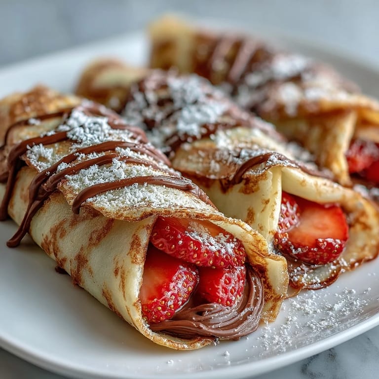Fresh crêpes rolled with rich Nutella and juicy strawberries, served with a dollop of whipped cream and extra fruit.