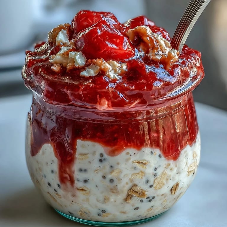 Nutritious overnight oats with homemade strawberry chia jam, offering a naturally sweet and energizing start to the day.