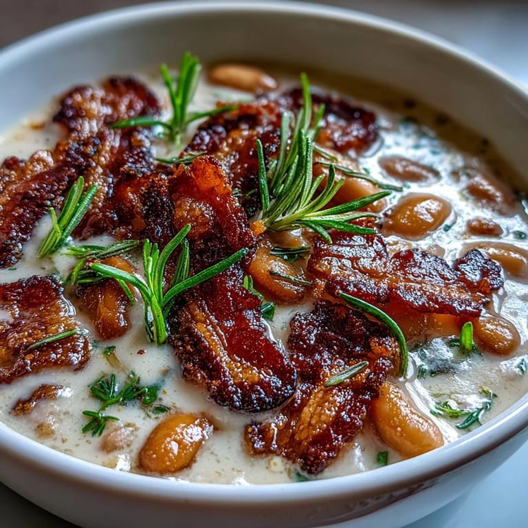 Hearty white bean soup blended until smooth, garnished with bacon and a drizzle of olive oil.
