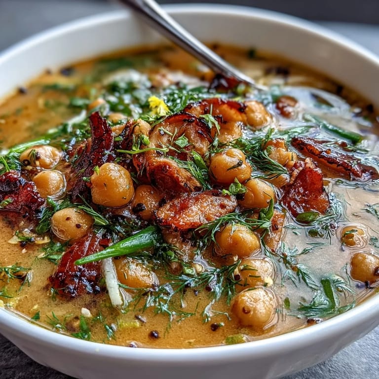 Warm ham and chickpea soup with fresh herbs, vibrant lemon, and diced vegetables, perfect for a cozy meal.