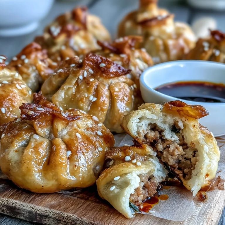 Golden air-fried dumplings filled with savory pork, ginger, and cabbage, paired with vibrant chili oil for dipping.