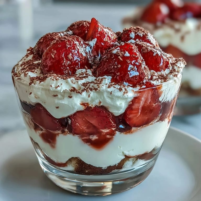 Individual strawberry tiramisu cups featuring fluffy mascarpone, juicy macerated strawberries, and delicate coffee-dipped ladyfingers for Valentine's Day.