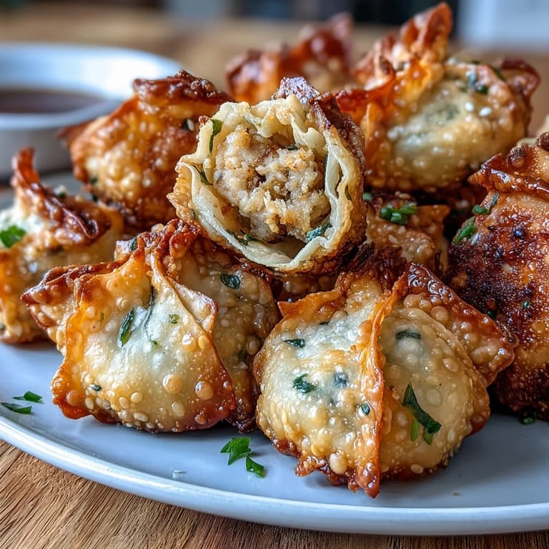 A close-up view of golden, pan-fried rice paper dumplings showing the crispy texture and savory filling.