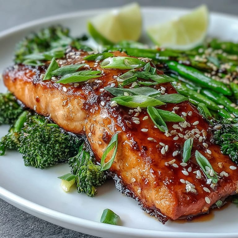 Flavorful Asian-inspired salmon with a sweet and savory honey-soy marinade, served alongside bright green broccoli florets sprinkled with toasted sesame seeds.