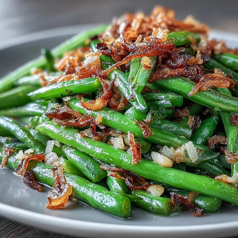Tender green beans sautéed with garlic and sesame, finished with crispy fried onions for irresistible texture.