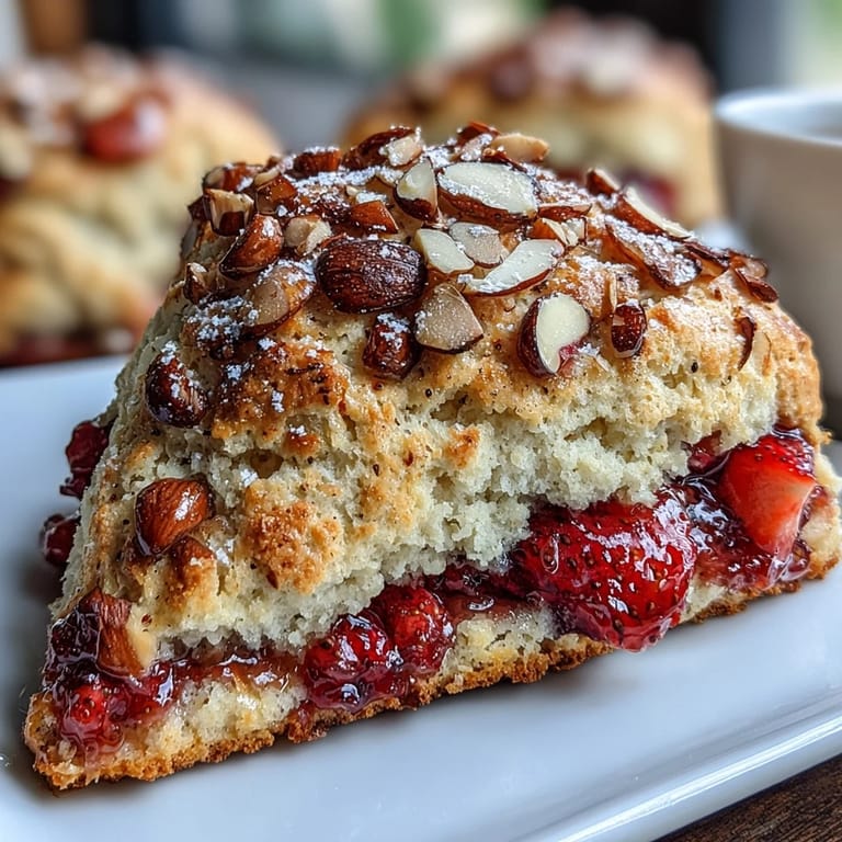 Warm strawberry scones with a nutty aroma from browned butter, topped with toasted almonds and coarse sugar.