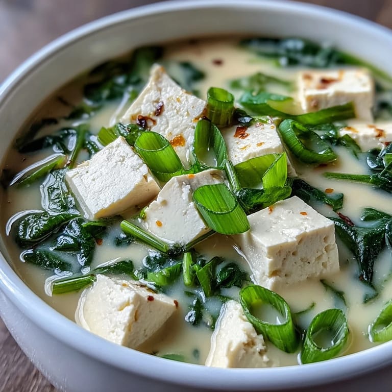 Creamy tofu cubes and tender spinach leaves float in a fragrant miso broth, topped with crisp green onion slices.  