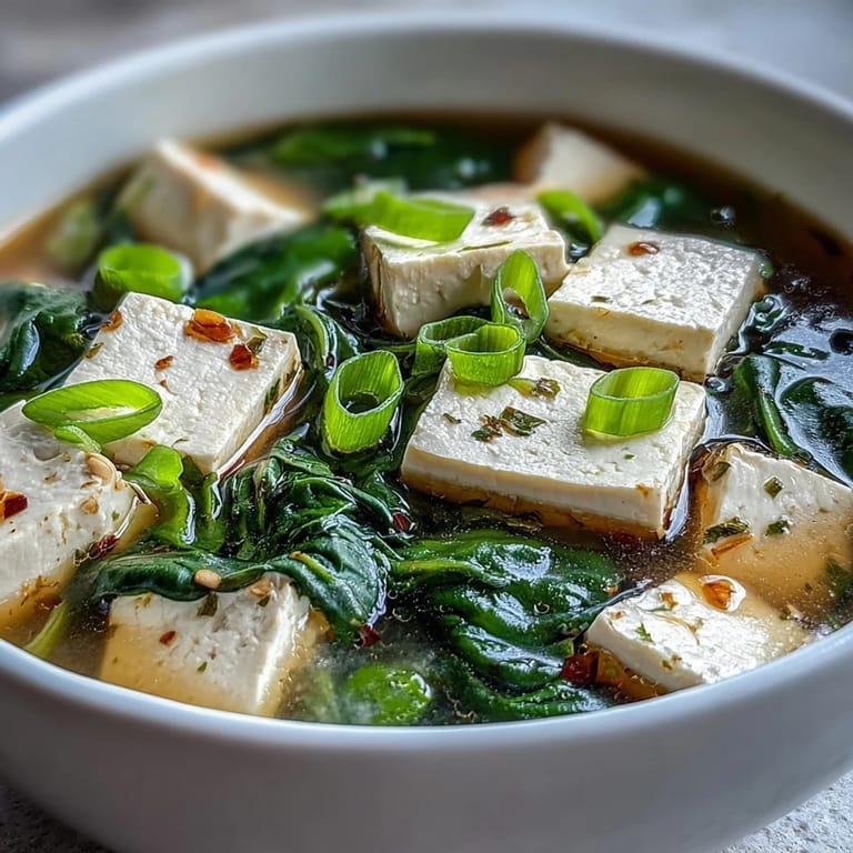 A comforting Japanese miso soup filled with soft tofu, wilted spinach, and aromatic green onions, served steaming hot.