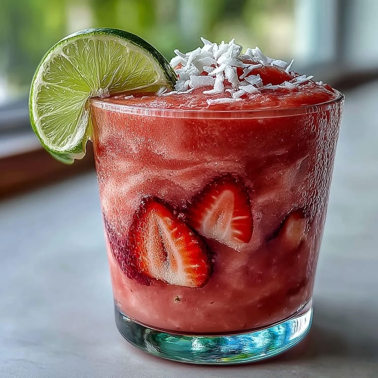 A creamy, alcohol-free smoothie blending sweet strawberries and rich coconut milk for a refreshing tropical treat.  