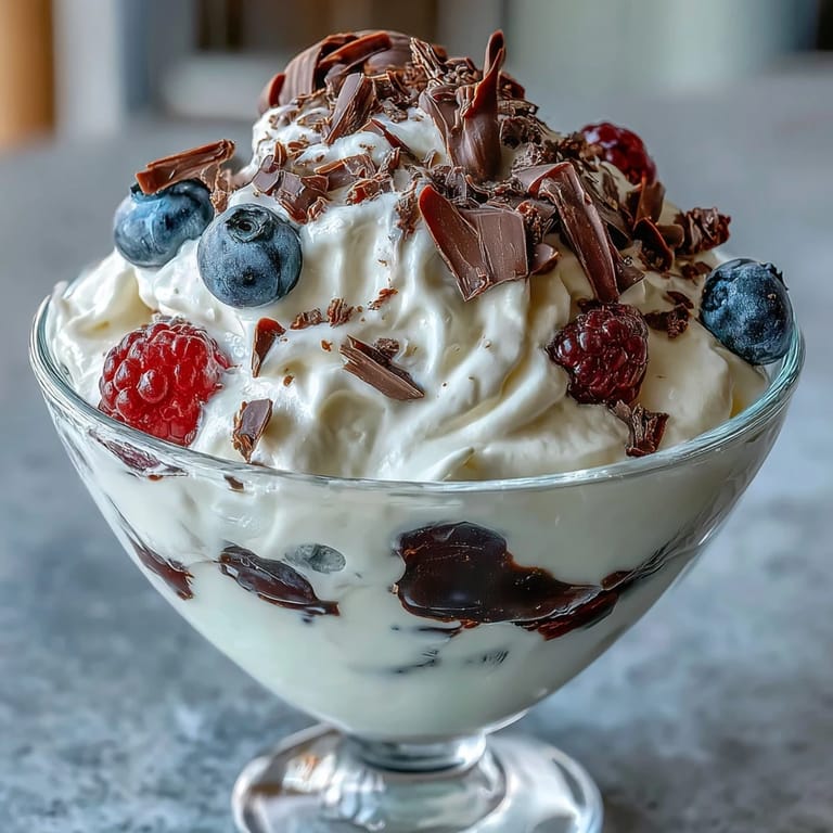 Indulge in this easy yogurt berry sundae featuring velvety yogurt, fresh berries, and a sprinkle of dark chocolate shavings on top.