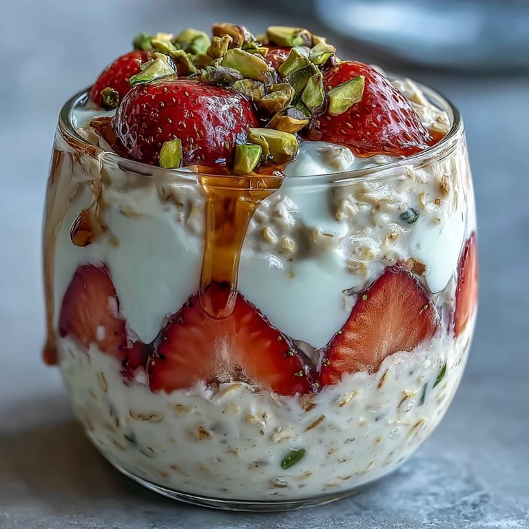 Wholesome strawberry and pistachio overnight oats with Greek yogurt, chia seeds, and sweet honey for a make-ahead breakfast.