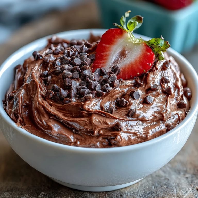 Velvety chocolate cottage cheese dip garnished with chocolate chips, surrounded by a vibrant assortment of fresh fruit slices.