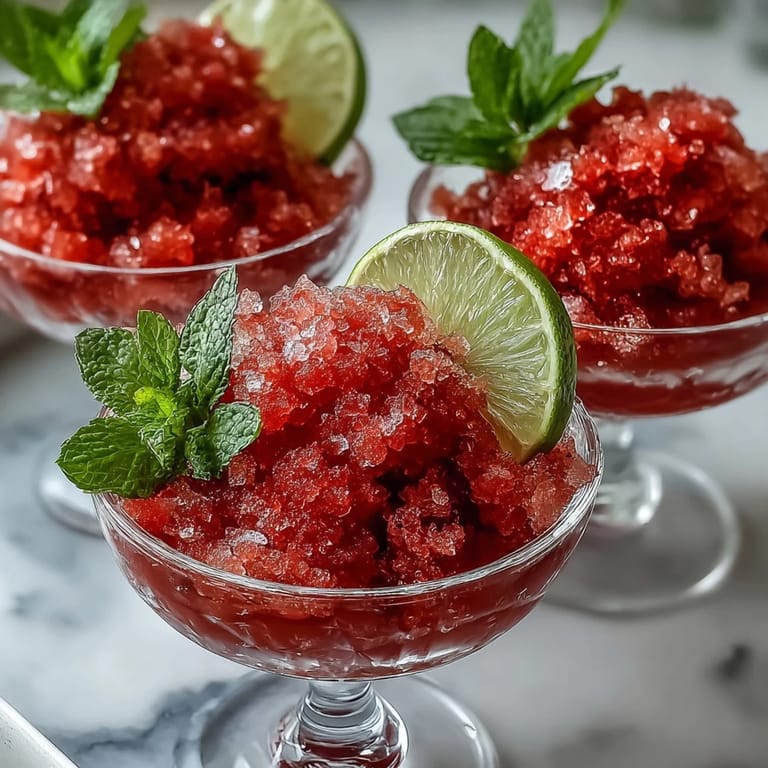 Fluffy frozen strawberry lime granita dessert cups served in elegant glasses, perfect for a boozy summer dessert.