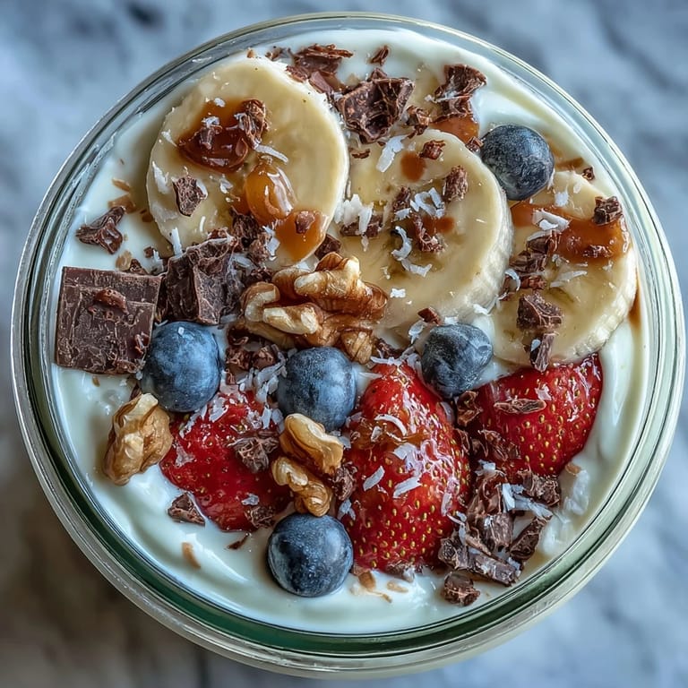 Nutritious banana split breakfast jar featuring ripe banana slices, mixed berries, honey-sweetened yogurt, and crunchy granola for a healthy start.