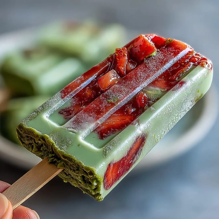 Refreshing homemade strawberry matcha latte popsicles with swirls of sweet berry and earthy green tea flavors.  