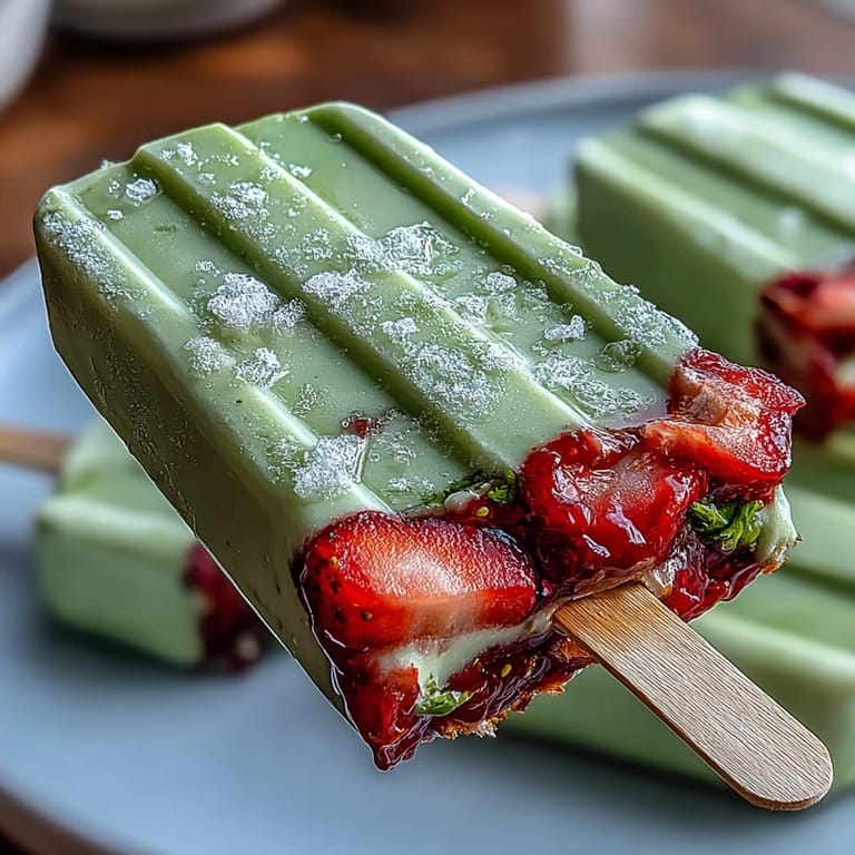 Delicious strawberry matcha latte popsicles featuring fresh fruit and creamy matcha layers, perfect for summer.