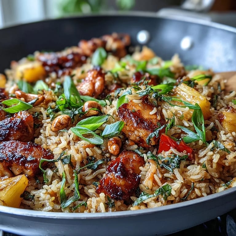 Fluffy jasmine rice stir-fried with diced chicken, sweet pineapple, crisp vegetables, and savory soy sauce, topped with green onions.  