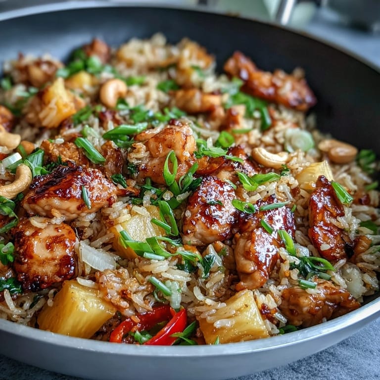 Vibrant Asian fusion fried rice loaded with golden pineapple, tender chicken, crunchy cashews, and colorful bell peppers in a hot wok.