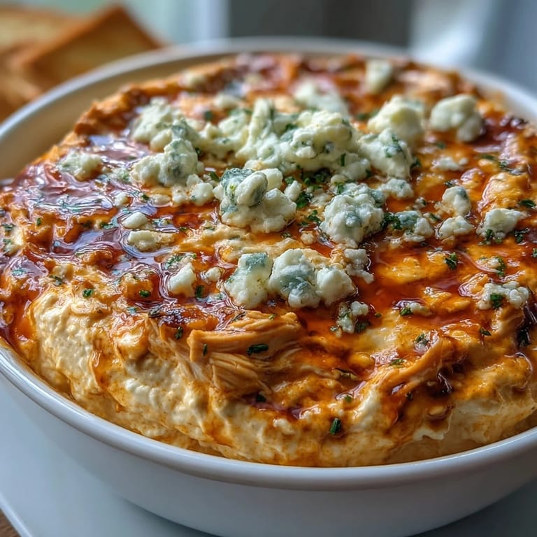 High-protein cottage cheese buffalo chicken dip blended with Greek yogurt and cheddar, garnished with green onions and blue cheese crumbles.