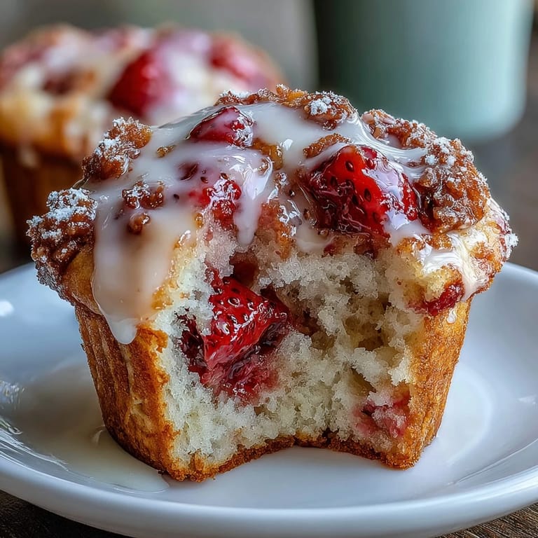 Fluffy strawberry muffins drizzled with tangy lemon glaze, perfect for a sweet breakfast or afternoon treat.