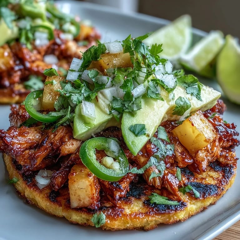 Golden tostada shells piled high with seasoned shredded chicken, tangy pineapple salsa, and creamy avocado for a satisfying dinner.