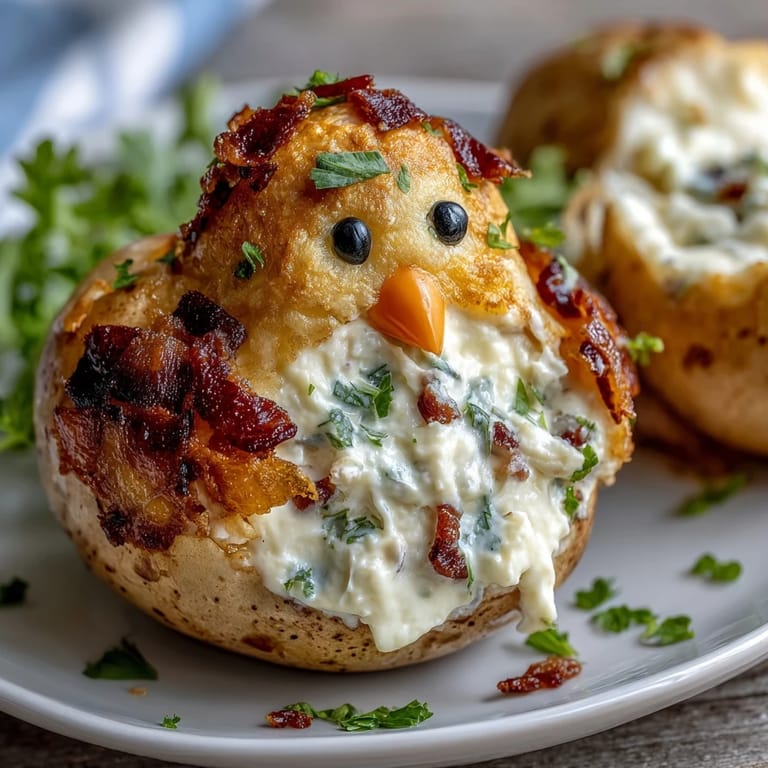 Cute Easter deviled eggs shaped like baby chicks, filled with creamy yolk mixture and garnished with carrot feet.