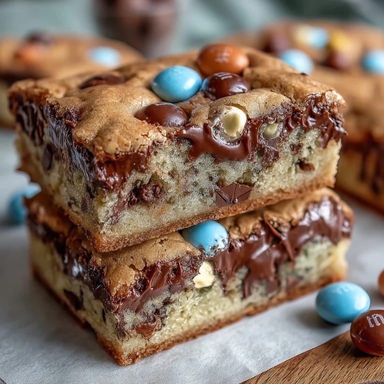 Festive cookie bars loaded with Cadbury mini eggs and pastel M&Ms, offering a sweet and colorful Easter treat.