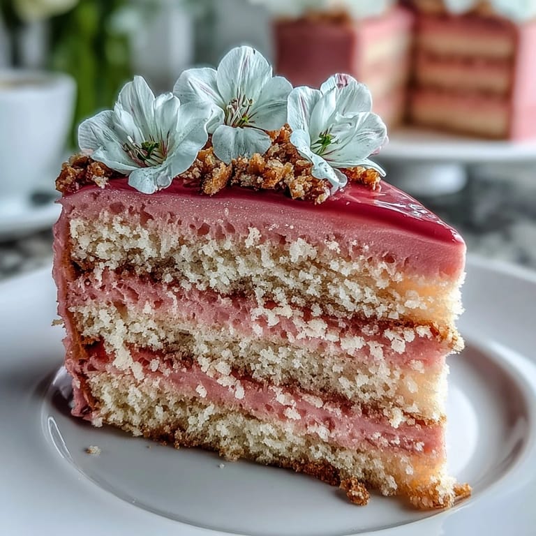 Elegant vanilla cake with silky pink ombre frosting, adorned with fresh edible flowers, perfect for celebrating Mother's Day.