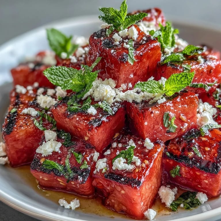 Sweet grilled watermelon cubes paired with feta and mint, perfect for a light Mediterranean dish.
