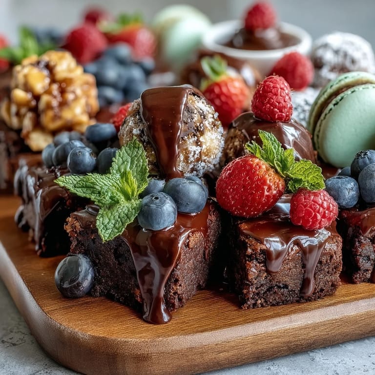 Assorted mini treats and cake slices arranged on a wooden board with fresh berries and macarons.  