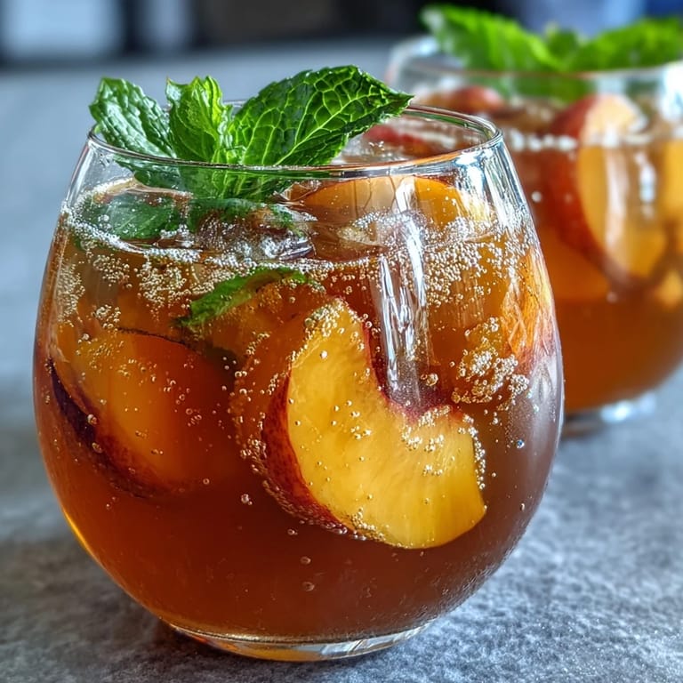 Sparkling Mango Peach Tea with ripe fruit, mint, and ice—refreshing, lightly sweet, and ideal for hot days.