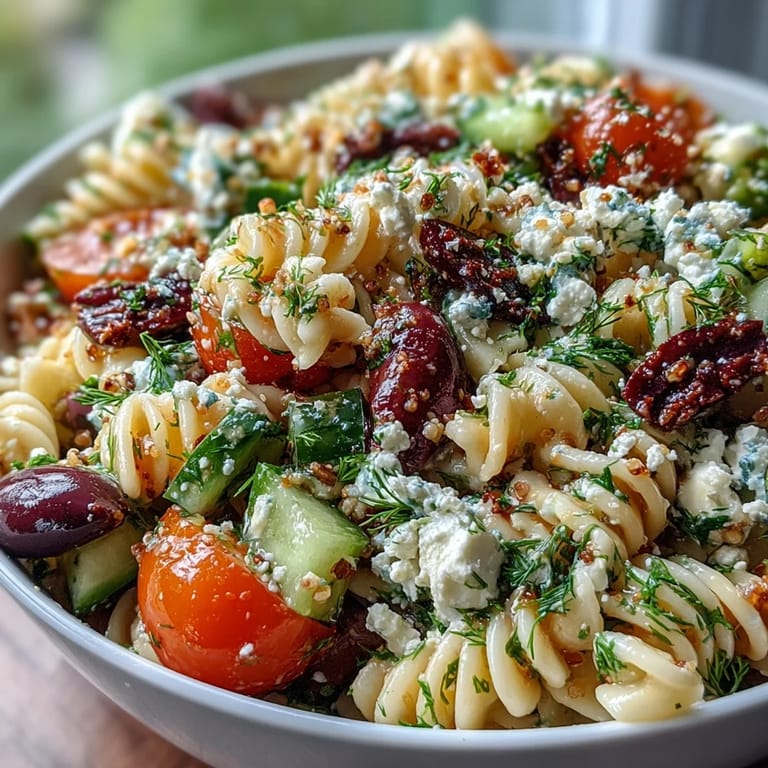 Vibrant Greek-style pasta salad with briny Kalamata olives, sweet cherry tomatoes, and crumbled feta, perfect for a light summer meal.