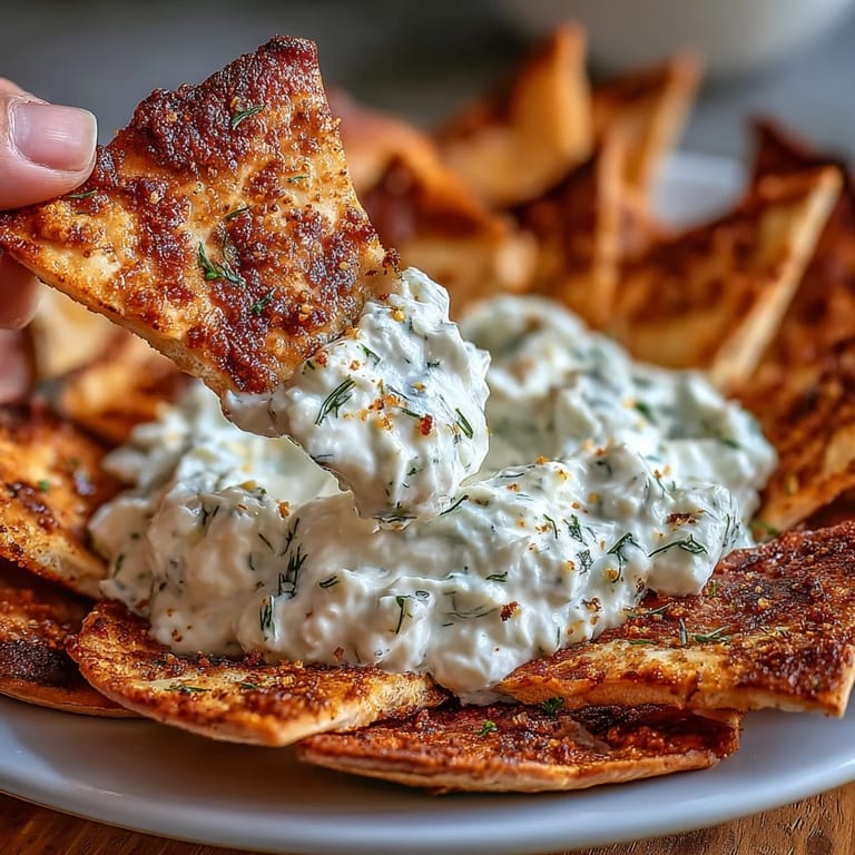 Homemade pita chips with tangy tzatziki — a crunchy, healthy snack for any time of day.