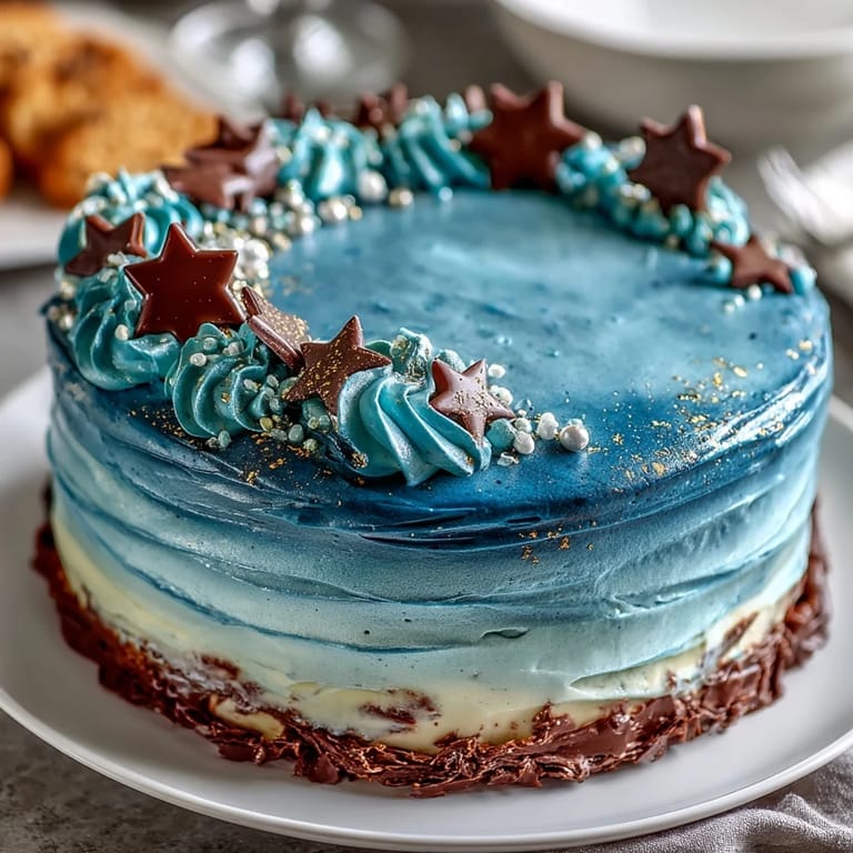 Dark blue and gold ombre layer cake, a festive dessert for graduation parties with smooth vanilla frosting.