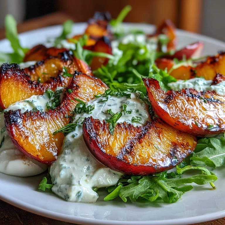 Sweet grilled peaches, torn burrata, and honey atop mixed greens for a refreshing, vegetarian Mediterranean salad.