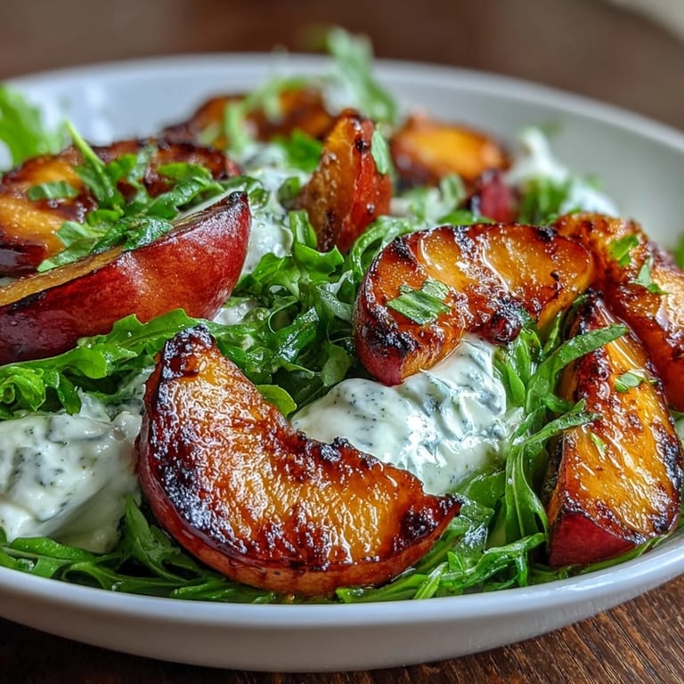 A summery grilled peach and burrata salad drizzled with honey and balsamic glaze, served on a bed of arugula.  
