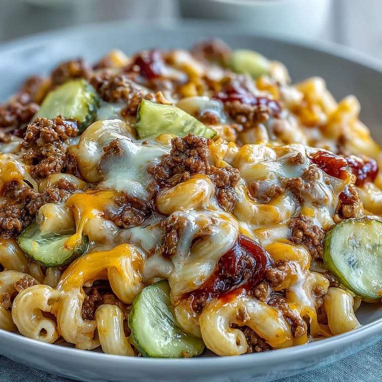 Sizzling ground beef, diced onions, and chopped dill pickles combined with tomato-based sauce and elbow macaroni in a cast-iron pan.