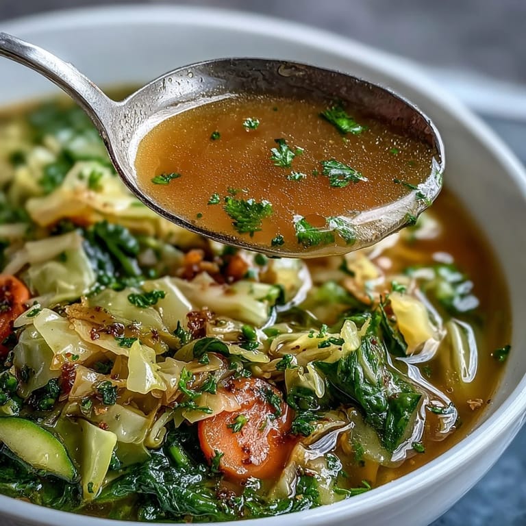 Light and nourishing spring detox cabbage soup with turmeric, ginger, and zucchini, served steaming hot in a rustic ceramic bowl.  
