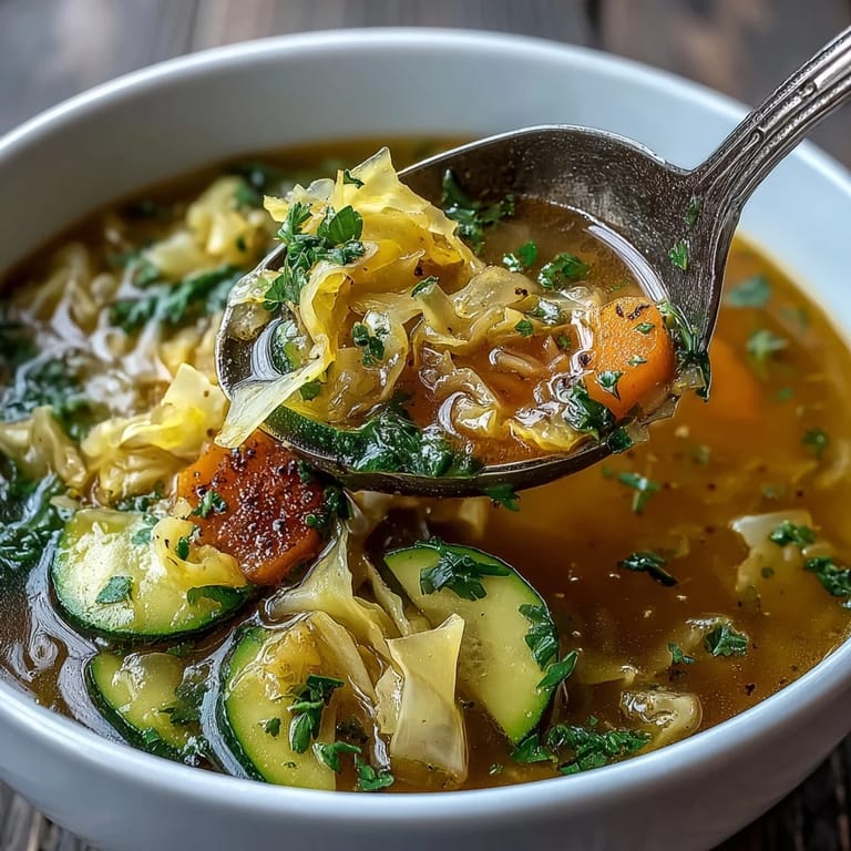 Hearty yet healthy spring detox cabbage soup, featuring a medley of vegetables in a clear golden broth, perfect for a gentle cleanse.