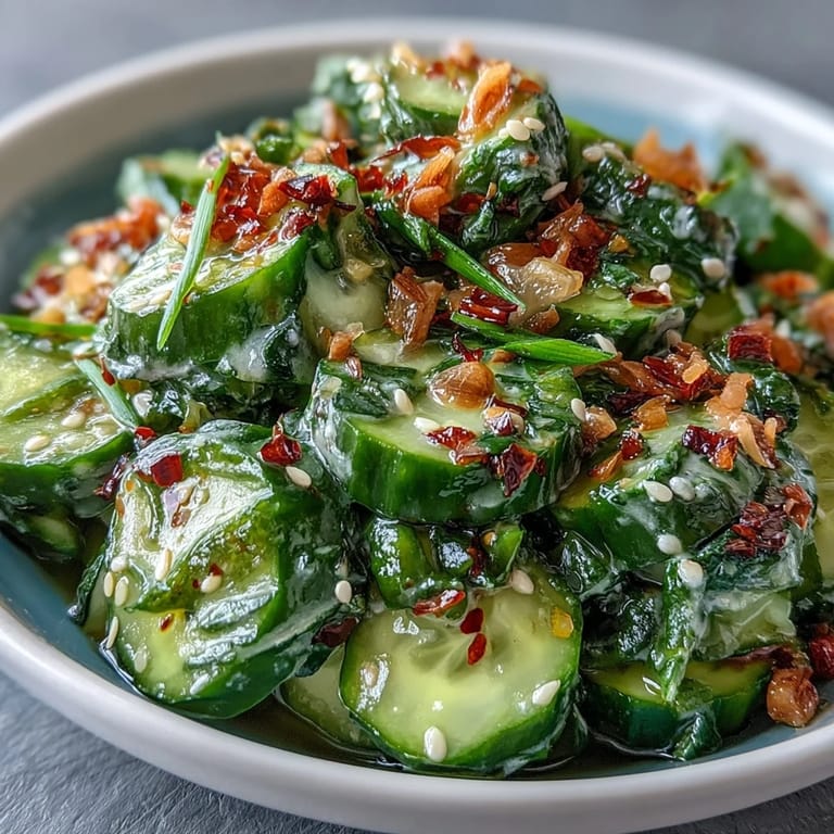 Crunchy smashed cucumbers tossed in tangy rice vinegar and chili oil, topped with fresh cilantro and toasted sesame.  