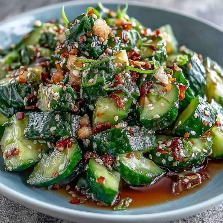 Refreshing Asian-inspired cucumber salad with bold flavors, featuring smashed cucumbers and aromatic sesame oil dressing.