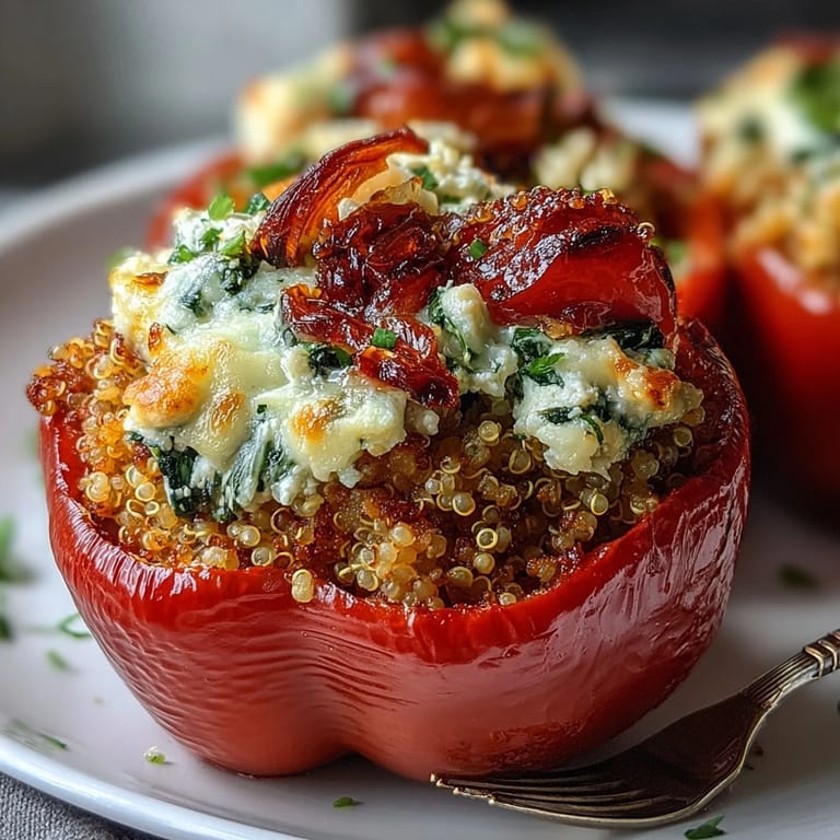 Colorful bell peppers overflowing with fluffy quinoa, caramelized vegetables, and tangy goat cheese, perfect for a healthy and satisfying dinner.  