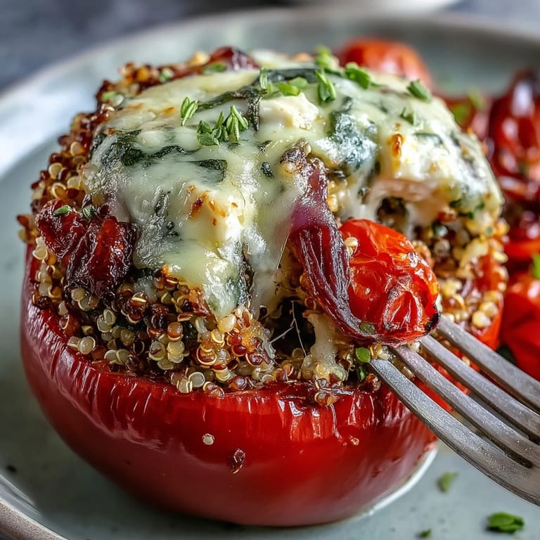 Mediterranean-inspired quinoa stuffed bell peppers featuring roasted veggies and creamy goat cheese, baked to perfection for a flavorful gluten-free main dish.
