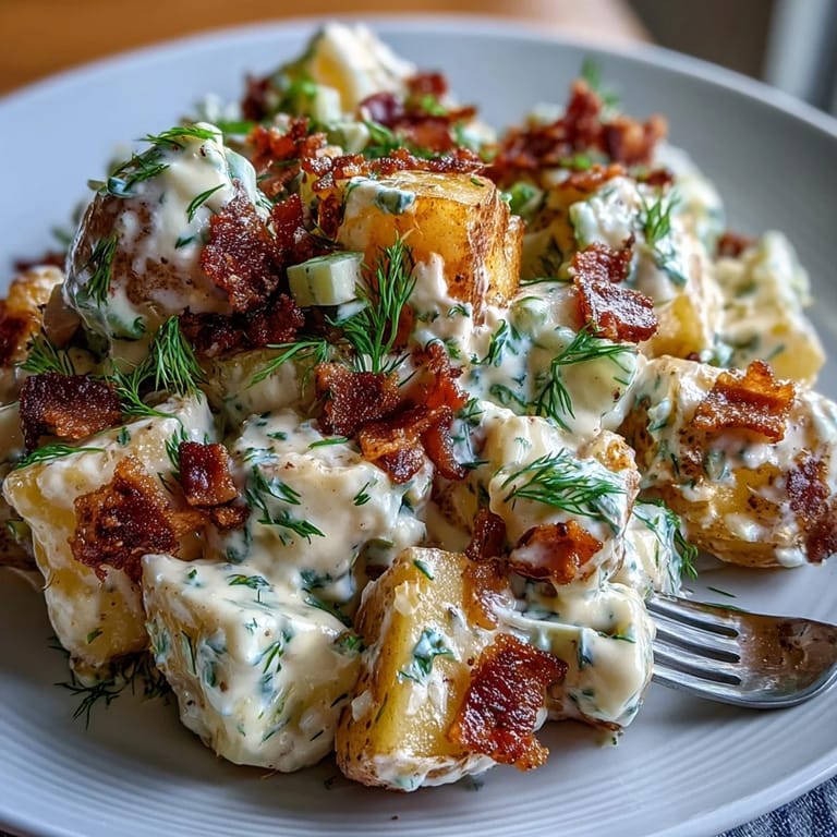 Creamy potato salad with tender Yukon Gold potatoes, crunchy celery, and smoky bacon crumbles, perfect for summer barbecues.  