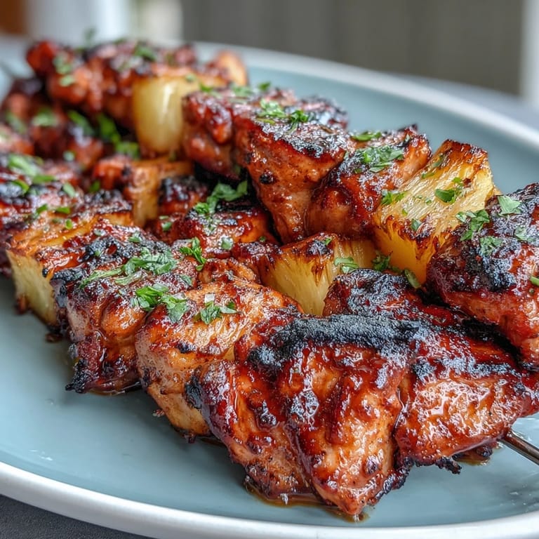 Grilled Chicken Al Pastor Skewers with Pineapple, marinated in smoky achiote and grilled to juicy perfection with sweet caramelized pineapple.