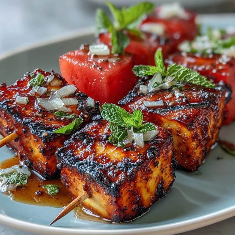 Juicy watermelon cubes and golden grilled halloumi cheese, accented with fresh mint leaves on colorful skewers.