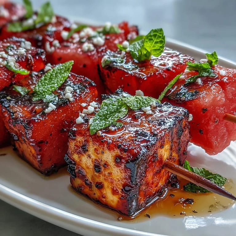 Easy grilled halloumi and watermelon skewers, drizzled with olive oil and lemon, ideal for warm-weather entertaining.