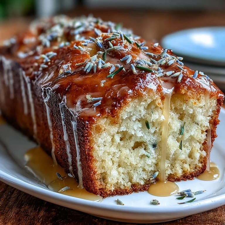 Fragrant lemon and lavender infused loaf cake topped with a glossy honey glaze, ideal for spring brunches.